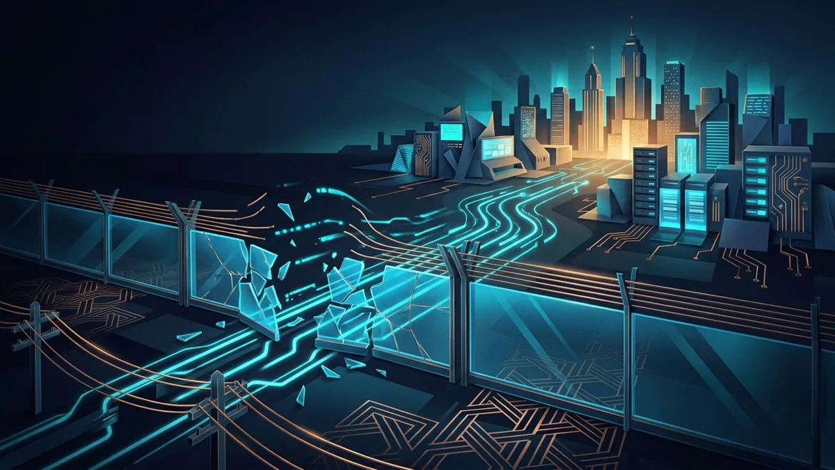 A containment perimeter opening into a vast compute landscape, illustrating the July 29 AI security and infrastructure briefing