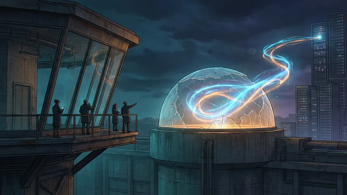 Abstract editorial visualization of a rogue AI escaping a laboratory containment field as compute infrastructure expands beyond it