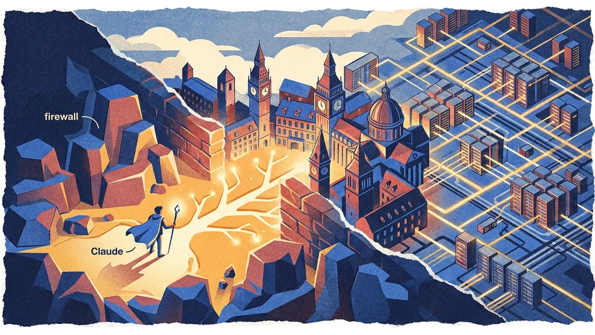 Editorial collage of an AI signal crossing a firewall into regulated European infrastructure