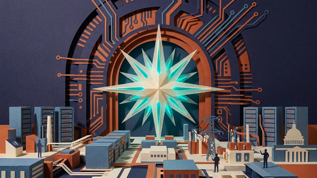 Abstract editorial collage of frontier AI, cybersecurity, server infrastructure, and civic pressure