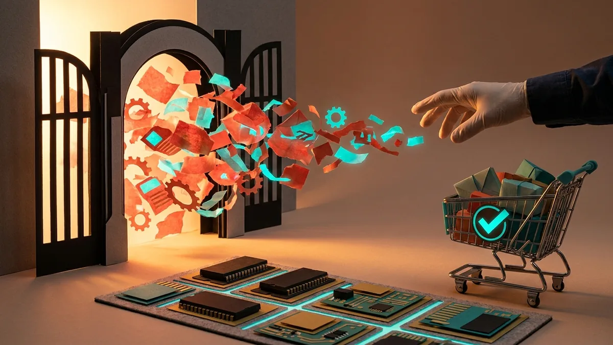 Editorial collage representing AI trust, swarm attacks, human judgment, and verified shopping agents