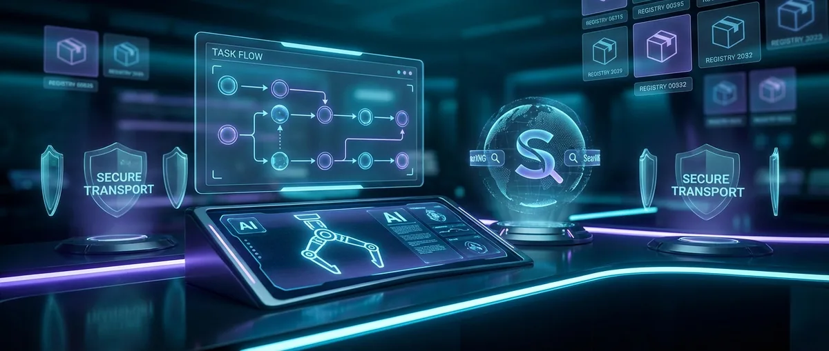 A glowing lobster-shaped AI operations console showing task boards, search providers, and secure package governance dashboards