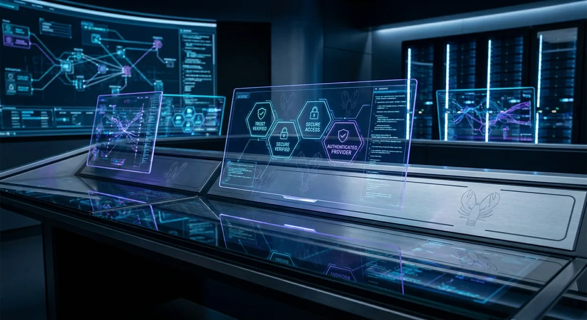 Stylized operations command center for OpenClaw agent governance, visible trust signals, security scanning, and enterprise AI automation