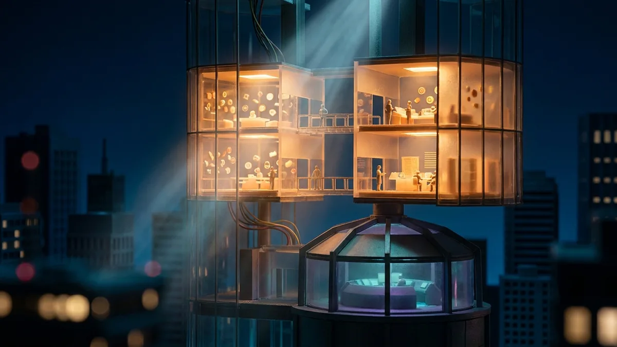 Architectural cutaway of illuminated operations rooms coordinating work above a protected local control chamber