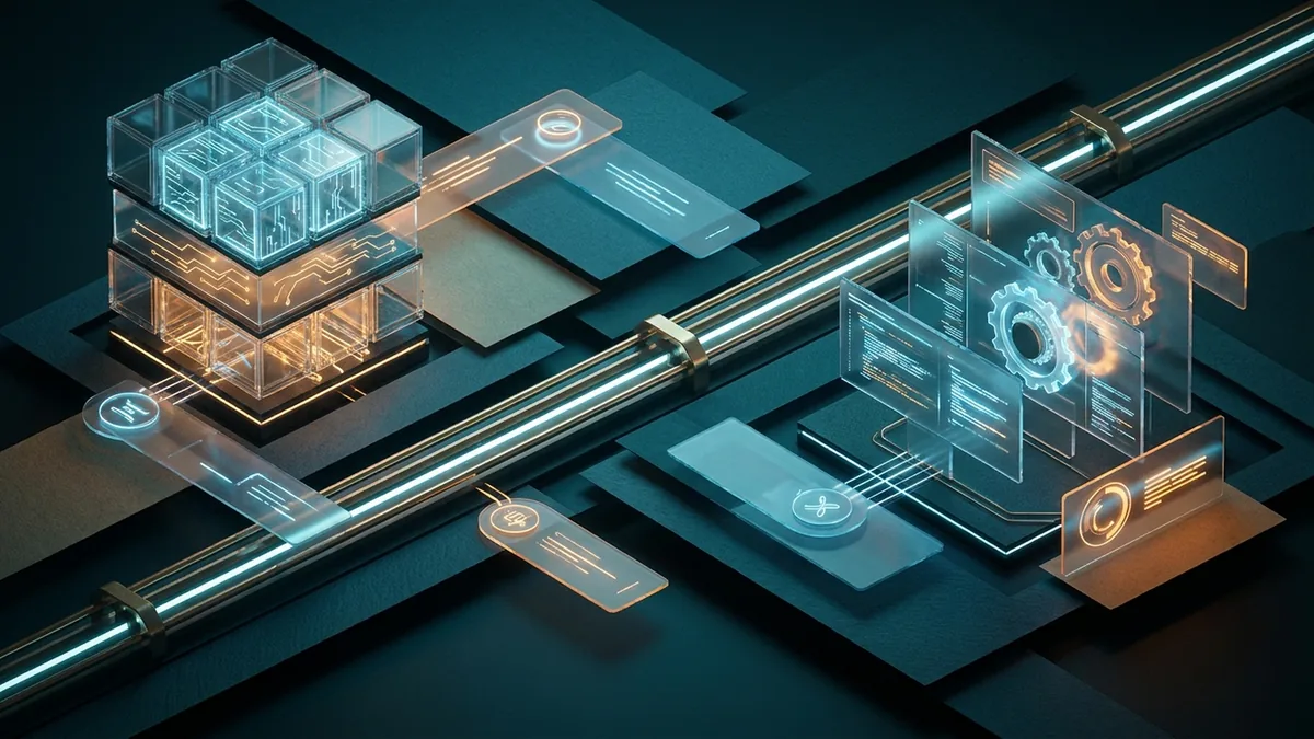Editorial illustration of a durable release rail connecting governed Windows and cross-platform agent workstations